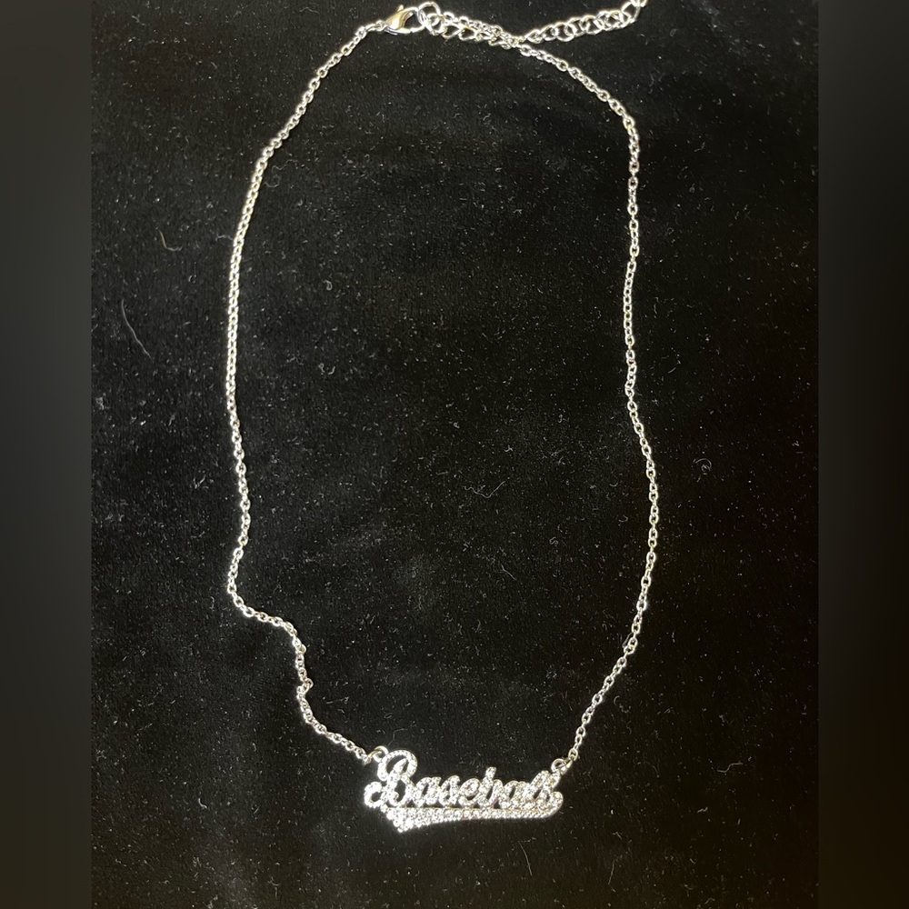 Baseball Necklace Silver Tone Cursive Font 18 Inch Plus Extender - Picture 4 of 5